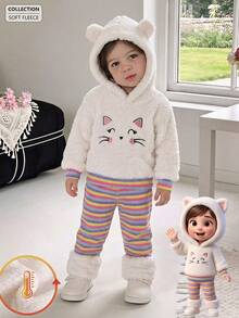 2pcs Baby Girl Casual Cute Cartoon Rabbit Smiling Face Embroidered Double-Sided Fleece Contrast Color Striped Long Sleeve Hooded Sweatshirt And Pants Set Autumn/Winter - White - View 11