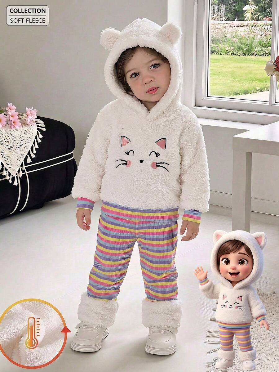 2pcs Baby Girl Casual Cute Cartoon Rabbit Smiling Face Embroidered Double-Sided Fleece Contrast Color Striped Long Sleeve Hooded Sweatshirt And Pants Set Autumn/Winter - White - View 1