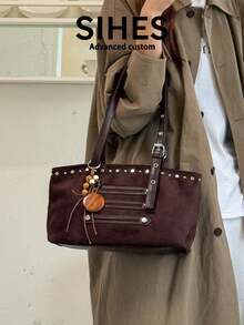 1pc Solid Color Suede Velvet New Women's Bag, Shoulder Bag, Fashion Large Capacity Baguette Bag, Zipper Closure, Dual Handles, Suitable For Commuting, Shopping, Dating, Shopping - Coffee - View 7
