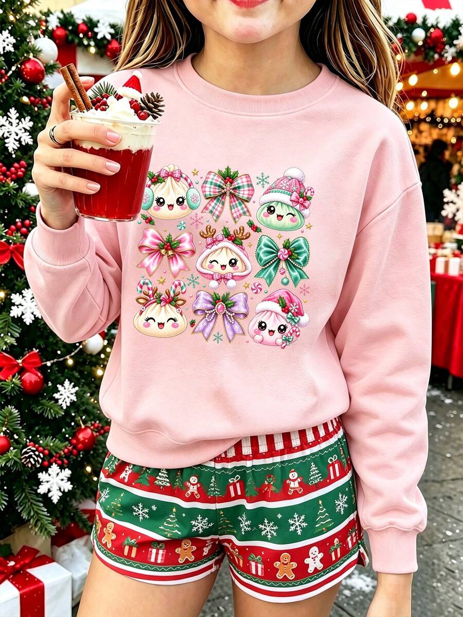 Christmas-Tween Girl Casual Fun Print Crew Neck Long Sleeve Sweatshirt, Ideal Outfit For Holiday Celebration! Autumn/Winter Top - Pink - View 1