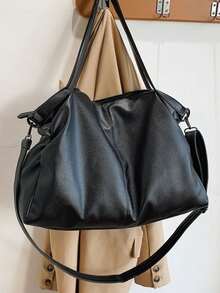Tote Bag Large Capacity Soft Litchi Textured Body, Paired With Adjustable Wide Strap, Featuring Heart-Shaped Charm And Bow Chain Decoration. Spacious Interior Can Hold Books, Laptop And Other Personal Items, Relaxed Minimalist Design Suitable For Commuting And Travel, Effortlessly Enhancing Overall Outfit Style. - Black - View 6