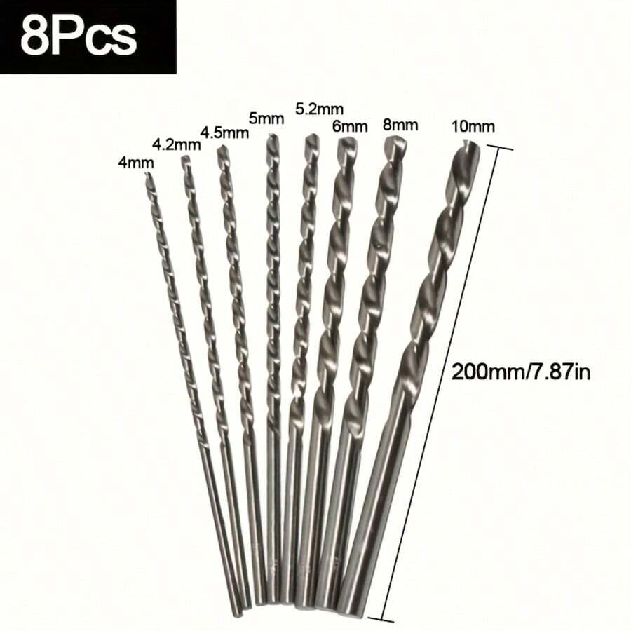 8-Piece Set Of Extra-Long 200mm Twist Drill Bits - Straight Shank, Suitable For Woodworking, Plastic And Jewelry Processing - Extended Twist Drill Bit Set - View 1