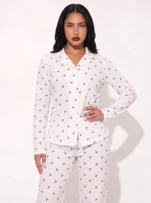 2pcs Women Loose Comfortable Breathable Long Sleeve Top + Long Pants Pajama Set, Cute Loungewear - White - View 8