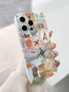 Fashion Travel Stamp Collage Shockproof Phone Case, Paris Eiffel Tower Compass Airplane Creative Soft Shell, Compatible With Apple 18 Pro Max/18 Pro/18/17 Pro Max/17 Pro/17/16 Pro Max/16 Pro/16/15 Pro Max/15 Pro/15 Plus/15/14 Pro Max/14 Plus/14/13 Pro Max/13 Pro/13 Mini/13/12 Pro Max/12 Pro/12 Mini/12/11/7/8, Back To School Gift, Travel Gift, Autumn/Winter Versatile, Unisex - Beige - View 2
