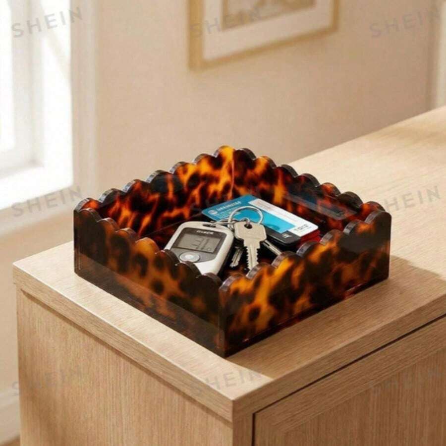 1 Square Acrylic Tortoise Shell Storage Box, With Lace Opening, Size 15x15x5cm, Can Be Used To Store Keys, Cosmetics, Desktop, Etc - Tortoiseshell - View 1