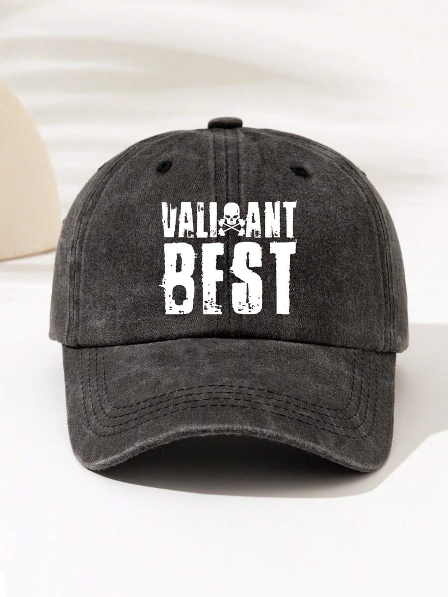 1pc Fashion Adjustable Baseball Cap - Washed Print Baseball Cap, Suitable For Camping, Travel, Party And Hip-Hop Culture, Printed With 'VALIANT BEST Skull Brave And Fearless' Pattern And Text, Simple And Versatile, Perfect For Camping And Casual Wear, Great Gift For Family And Friends - Washed Cap - View 1