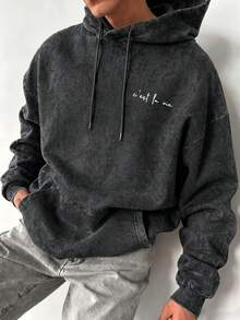 Men's C'est La Vie Slogan Hoodie, Minimalist Loose Fit Washed Pullover Sweatshirt - Black - View 5
