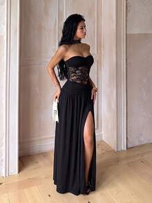 Sleeveless Low-Cut Black Knit Strapless Dress With Contrast Lace And High Slit, Fitted Sexy Dress, Perfect For Formal Occasions And Parties - Black - View 6