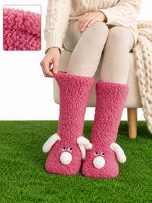1 Pair Cute Women Plush Mid Calf Socks, 3D Floppy Ear Puppy Cartoon Floor Sleep Socks, Thick Coral Fleece Warm Cozy Socks Ins Calf Socks,Winter - Multicolor - View 8