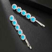 2pcs Women's Blue Round Rhinestone Barrette, Sunflower Shaped Crystal Hair Clip, Shiny Silver Side Hair Clip, Suitable For Wedding, Graduation Prom, Party Hairstyle Decoration - Multicolor - View 2