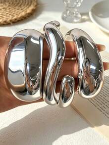 3pcs/1pc Vintage Exaggerated Glamorous Women's Silver Round And Wavy Teardrop CCB Open Bangle Set, Suitable For Daily Wear, Party, Vacation, Date, Wedding, Festival, Gift, Stackable - Silver - View 3