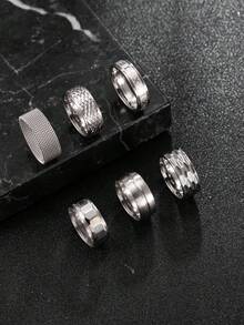 Hipoem Set Cincin Pria Stainless Steel Bergaya 6 Buah dengan Motif Ular Jala dan Elemen Angka Romawi, Cocok untuk Pemakaian Sehari-hari, Kencan, dan Aksesori Pesta Halloween - Perak - View 2