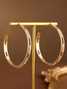 rundraw 2pcs Hollow Geometric Cubic Zirconia Hoop Earrings, Luxury Copper Gold Color, Suitable For Party, Wedding, Daily Outfit Accessories - Gold - View 9