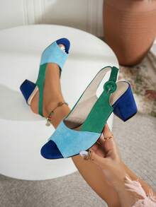 2026 Women's Fashion Comfortable Colorblock Suede Adjustable Buckle Chunky Heel Sandals, Retro Commuter & Beach Style - Blue - View 1