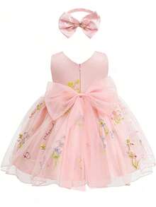 Toddler Dress Embroidery Princess Baptism Vesidos Birthday Party Bow Dress For Baby Girl With Headband Wedding Girl Outfit - Pink - View 1