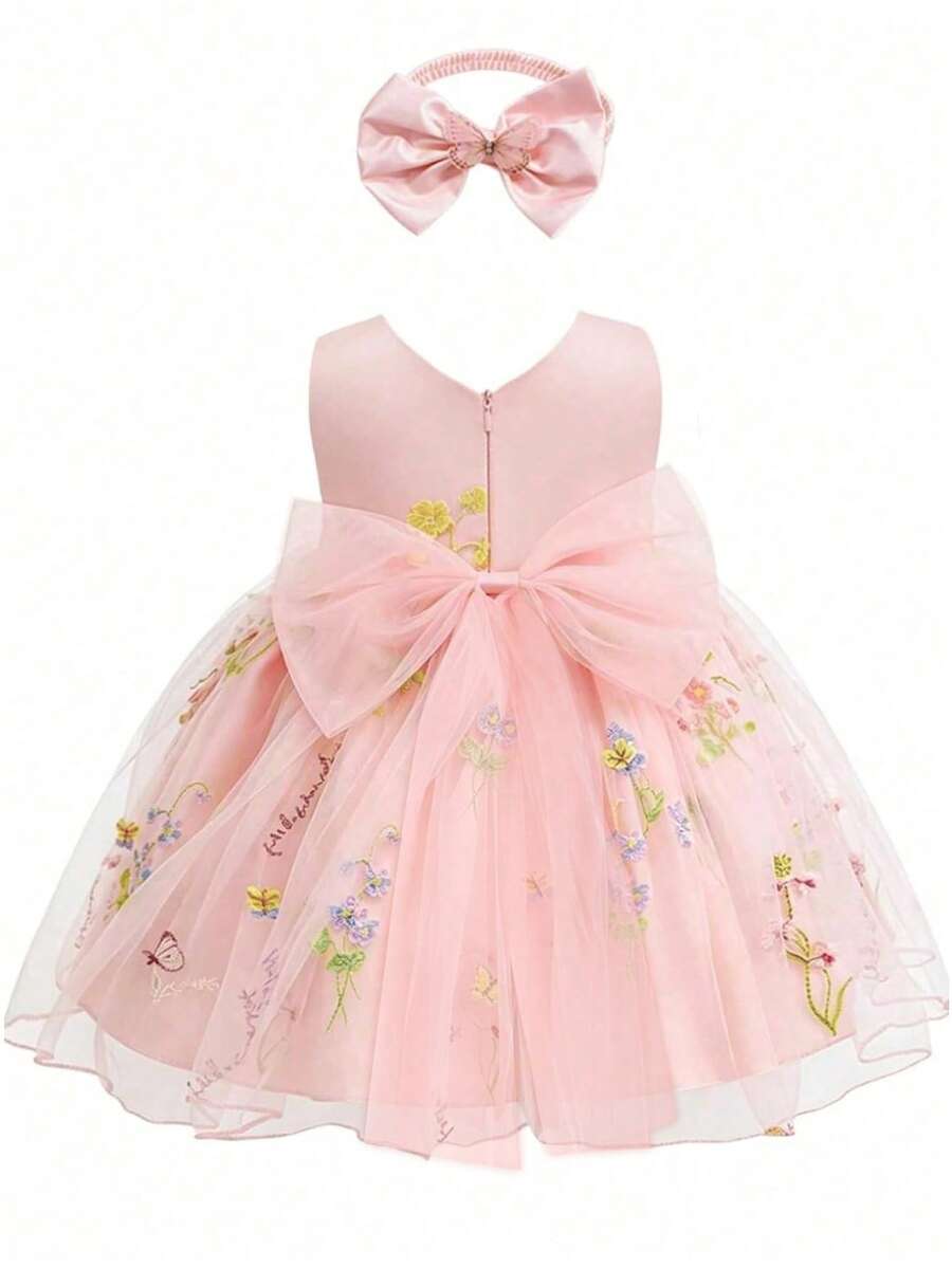 Toddler Dress Embroidery Princess Baptism Vesidos Birthday Party Bow Dress For Baby Girl With Headband Wedding Girl Outfit - Pink - View 1