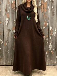 Plus Size Women Solid Color Warm Long Sleeve Ruched Neck Knit Dress, Loose Fit Flattering Everyday Home & Outdoor Versatile Style - Coffee - View 6