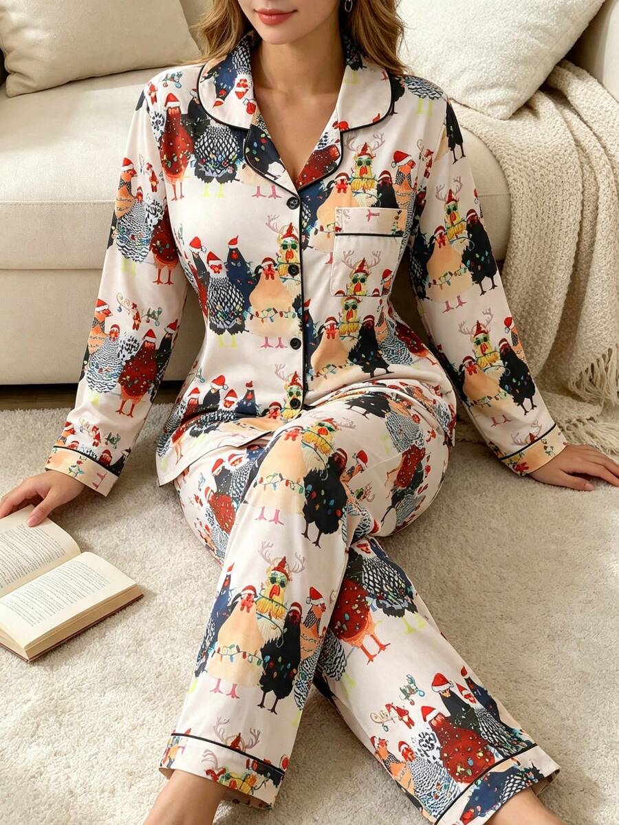 2pcs Women's Pajama Set, Gift 2-Piece Set, Lapel Button Long Sleeve, Loose Elastic Long Pants, Suitable For All Seasons, Home Wear, Outdoor Wear, Comfortable And Loose, New Full Print Pattern - Apricot - View 1