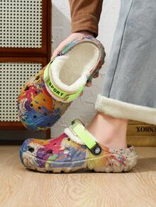 New Men's Plus Size Padded Slippers, Graffiti Design Clogs, Winter Warm Garden Shoes, Suitable For Home Wear - Multicolor - View 6