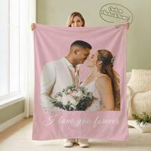 1pc Pink Minimalist Wedding Photo Customized Blanket, Add Photo And Confession Text Flannel Blanket, Wedding Room Decor Autumn/Winter Thickened Memorial Gift Nap Blanket - Multicolor - View 8