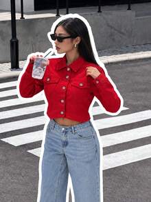 Women's Red Short Denim Shacket, Long Sleeve Shirt Collar Jacket, Gold Button Detail, Non-Stretch Fabric, Suitable For Daily Wear - Red - View 1