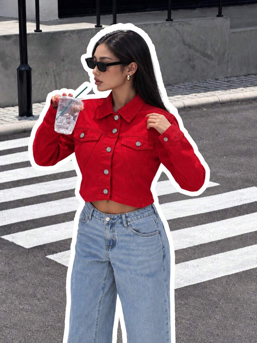 Women's Red Short Denim Shacket, Long Sleeve Shirt Collar Jacket, Gold Button Detail, Non-Stretch Fabric, Suitable For Daily Wear - Red - View 1