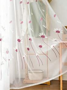 1PC Korean Style Gentle Daisy Embroidered Sheer Curtain Rod Pocket Falling Petals Dragonfly Pattern Decorative Sheer Window Curtain - Multicolor - View 10