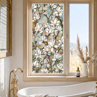 Magnolia Painted Glass Window Sticker Privacy Anti-Peeping Sunlight Capture Floral Window Film Static Cling Decorative Sticker Suitable For Glass Doors And Windows Home Decor