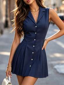 DONICY Navy Blue V-Neck Sleeveless Pleated Mini Dress For Women, With Button Closure Fitted Office Workwear - Royal Blue - View 6