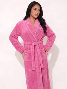 1pc Women's Solid Color Minimalist Elegant Plush Robe, Warm And Comfortable, Suitable For Home And Bath, Autumn/Winter - Hot Pink - View 3