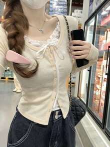 秋冬極簡性感蕾絲拼色鈕扣修身 2 合 1 長袖打底 T-shirt 上衣 - 杏色 - 查看 7