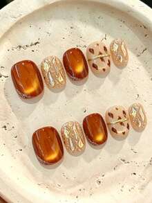 10 Pcs Short Square Press-On Nails, Amber Cat Eye With Gold Flakes & Light Coffee Leopard Print, Vintage Maillard Style Handmade Nail Tips For Autumn Winter Daily Commute, Date & Travel Photoshoot - Multicolor - View 2