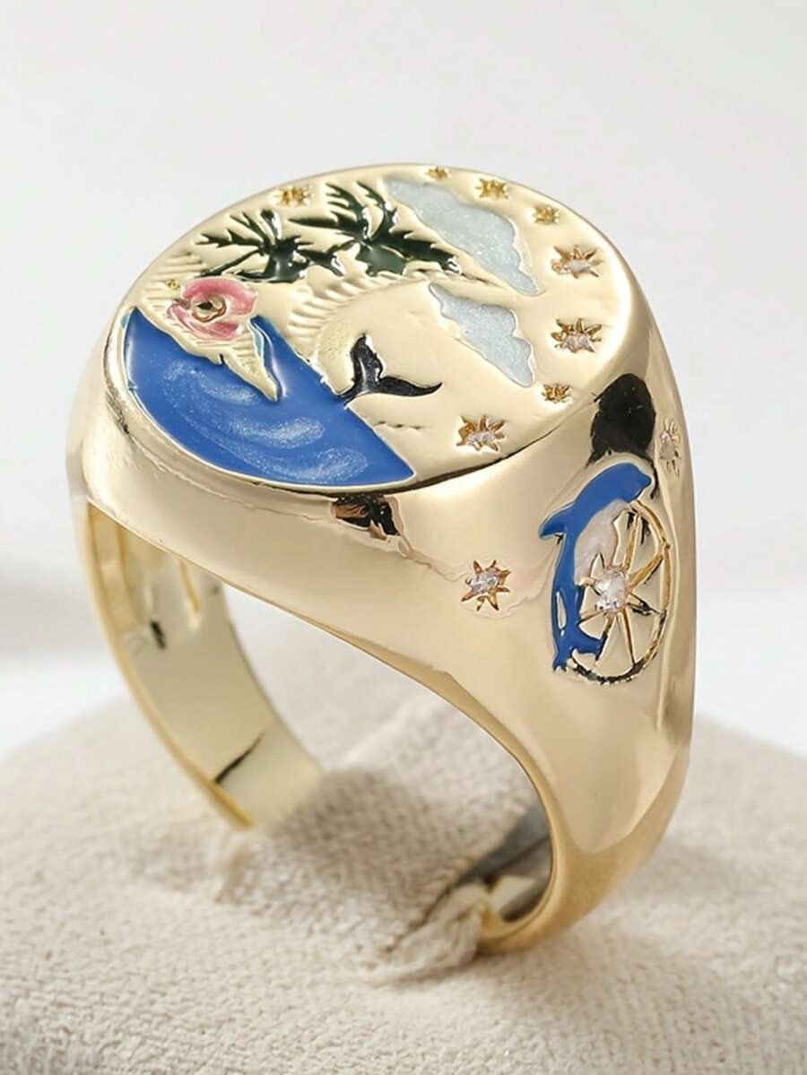 1pc Fashionable Popular Valentine'S Day Mermaid Love Cupid Painted Finger Rings For Women Jewelry Gift - Multicolor - View 1