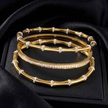 3pcs Elegant Exquisite 18K Gold Plated Stainless Steel Bamboo Knot Zirconia Tennis Bracelet Set, For Women Daily & Party Wear - Gold 2 - View 1
