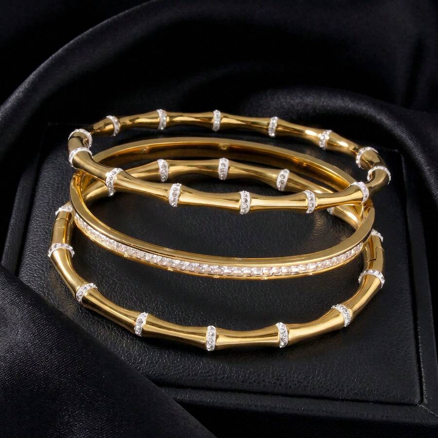 3pcs Elegant Exquisite 18K Gold Plated Stainless Steel Bamboo Knot Zirconia Tennis Bracelet Set, For Women Daily & Party Wear - Gold 2 - View 1