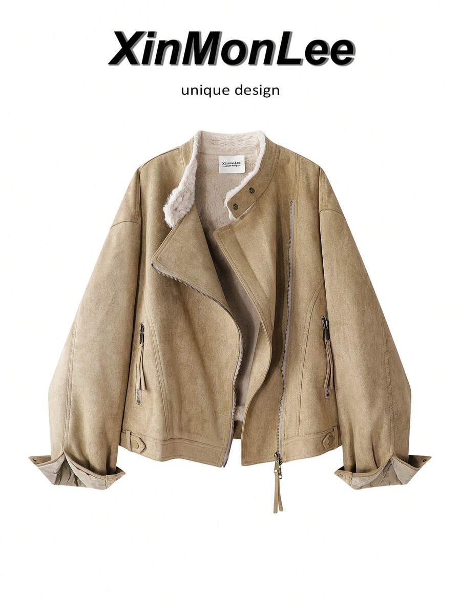 Korean Style Maillard Vintage New Suede Fleece Jacket With Two-Way Zipper, College Vacation Daily Autumn/Winter - Khaki - View 1