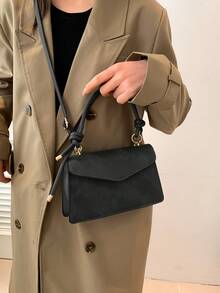 Fashion Women's Handbag, Solid Color Versatile Tote Bag, Minimalist Flap Square Bag, Shoulder Crossbody Bag - Black - View 3