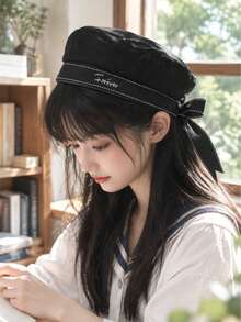 Japanese Sweet Style Women's Cute Ribbon Bow Beret Hat, Korean Version Versatile Letter Embroidery Flat Top Bucket Hat - Multicolor - View 3