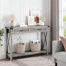Mesa Consola Para Entrada,Mesa Consola Bohemia De 43 Pulgadas Con Cajones De Ratán,Mesa De Entrada o Sofá De Madera Con Almacenamiento, Diseño Decorativo Para Sala, Pasillo o Recibidor, Estilo Rústico - Gris - Ver 7