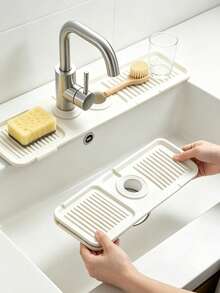 2pcs/1pc Foldable Silicone Sink Drain Mat, Multi-Functional Retractable Draining Board, Kitchen Essential For Small Apartments, With Round Hole To Fit Faucet, Textured Ridges For Fast Drainage And No Water Accumulation, Waterproof And Non-Slip, Multi-Purpose. Can Be Used As Dish/Fruit/Vegetable Washing Station, Dish Soap/Sponge Storage Mat, Craft Anti-Stain Mat, Coffee Bar Drip Tray, Makeup Brush Drying Mat. Soft And Foldable, Can Be Hung For Storage After Use, Space-Saving, Fits Most Sinks, Perfect For Singles, Cleanliness Enthusiasts, And As A Gift. - White - View 9