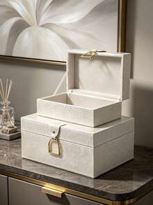Bộ 2 hộp đựng trang sức PU vân nổi lớn và nhỏ, khung MDF lót nhung, tay cầm khóa gài hình bàn đạp màu vàng, hộp lưu trữ trang sức sang trọng cho phòng ngủ, bàn trang điểm, trang trí phòng, quà cưới - Màu be - Xem 9