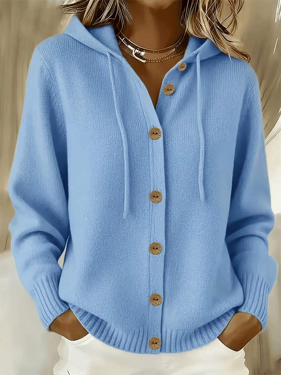 Plus Size Women's Autumn/Winter Solid Color Hooded Knit Cardigan With Ribbed Cuffs, Button & Drawstring Single-Breasted Loose Casual Sweater Jacket - Sky Blue - View 1