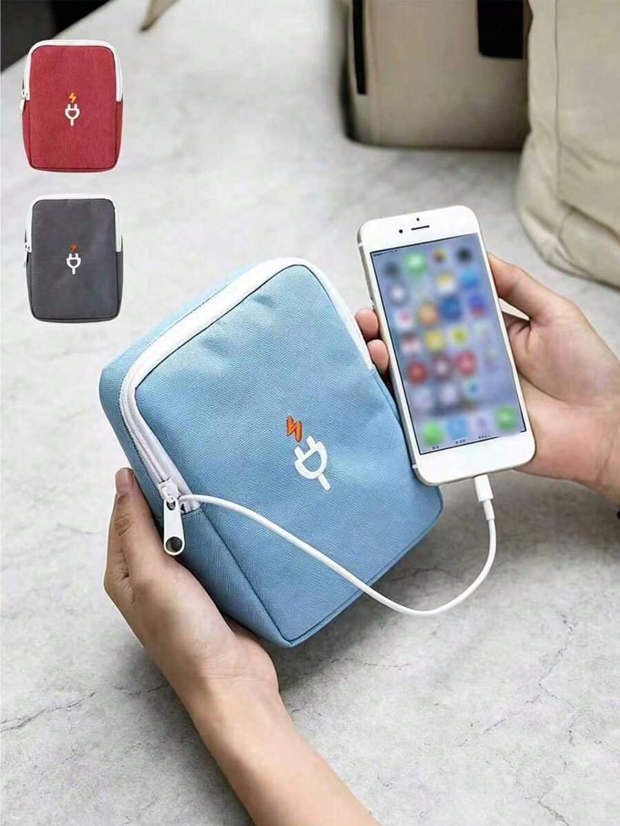 1pc Multifunctional Data Cable Storage Bag, Large Fabric Phone Digital Accessories Organizer, Earphone Protective Portable Storage Pouch - View 1