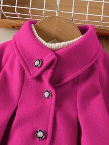 Young Girls Rose Red Overcoat, New Autumn/Winter Versatile Fashion Single-Breasted Pearl Button Open Front Lapel Raglan Sleeve Long Sleeve Knee-Length Outerwear - Hot Pink - View 3