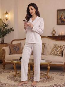 2pcs/Set Women's Loose Comfortable Breathable Long Sleeve Top + Long Pants Cute Pajama Set - Pink - View 3
