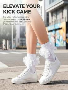 1/3 Pairs Women's Socks With Double-Layer Lace Ruffle Trim, Cute White And Black Large Ruffle Ankle Socks, Fashionable Retro 50s 80s Church Party Bobby Boat Socks For Women And Girls - Multicolor - View 2