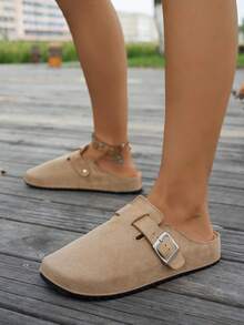 Men's Casual Retro Slouchy Shoes Half-Toe Slippers With Adjustable Buckle, Fashionable And Comfortable Autumn/Winter Slippers, Multiple Colors Available - Khaki - View 4