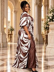 Plus Size 2 Pieces Pants Set Kaftan Top With Drawstring Wide Leg Pants African Print Outfit Elegant Church Wedding Guest Formal Wear New Fashion - Brown - View 4