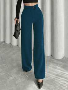 Women's Solid Color Casual Elegant High-Waisted Straight-Leg Pants, Suitable For Daily Outings, Office Commute, Home, Dates, Small Parties, Light Social Occasions - Blue - View 4