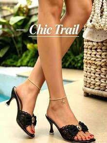 Women's Solid Color Square Toe Buckle High Heel Sandals, Suitable For Party, Date, Shopping, Office, Commute, Fashionable & Casual - Black - View 1
